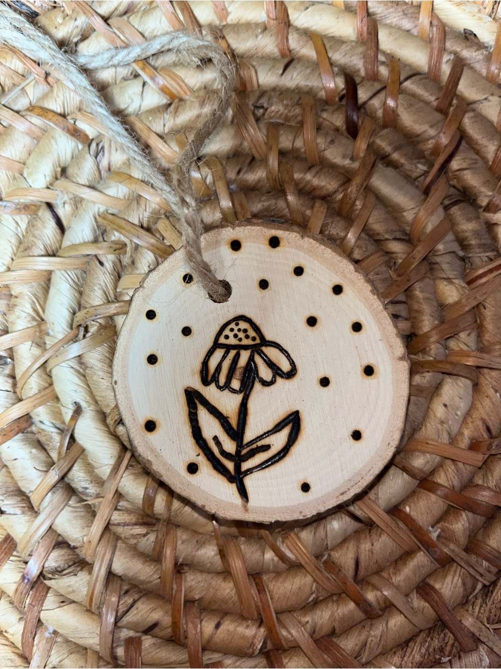 Handburned Wood Slice Flower Ornament - Natural Cream & Brown